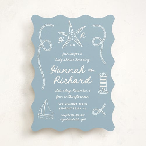 This is a powder blue baby shower invitations with standard by Claudia Orengo called nautical celebration printing on signature in standard