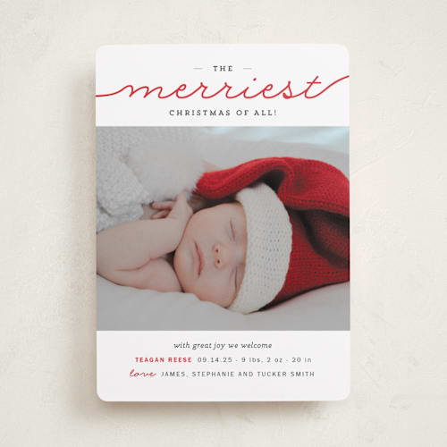 This is a fire engine red babys first christmas with standard by Sara Hicks Malone called the merriest christmas of all printing on recycled smooth signature in standard