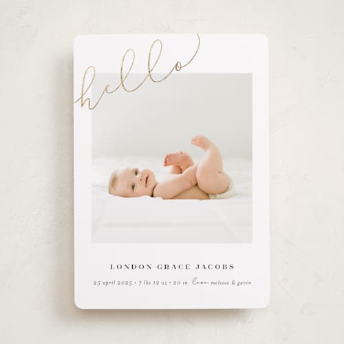 This is a warm grey foil stamped birth announcements with foil pressed by Shirley Lin Schneider called angled hello printing on smooth signature in standard