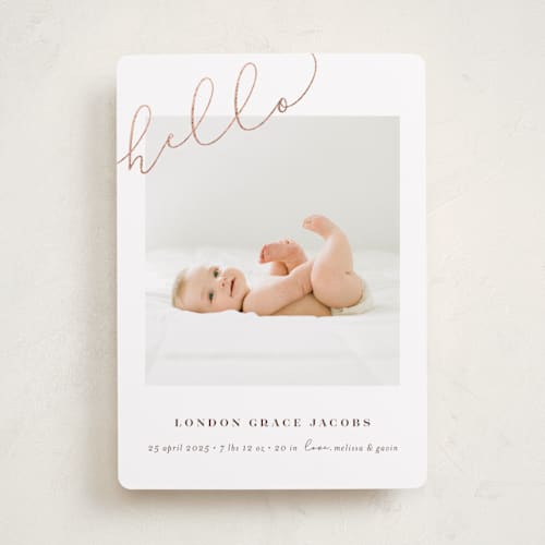 This is a latte foil stamped birth announcements with foil pressed by Shirley Lin Schneider called angled hello printing on recycled smooth signature in standard