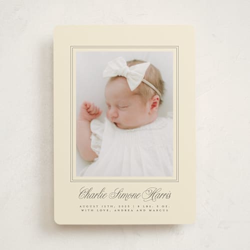This is a creme birth announcements with standard by mo kelley called classical border printing on smooth signature in standard