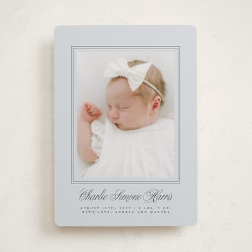 This is a cloud birth announcements with standard by mo kelley called classical border printing on recycled smooth signature in standard