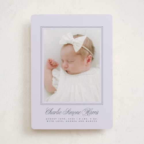 This is a lavender birth announcements with standard by mo kelley called classical border printing on smooth signature in standard