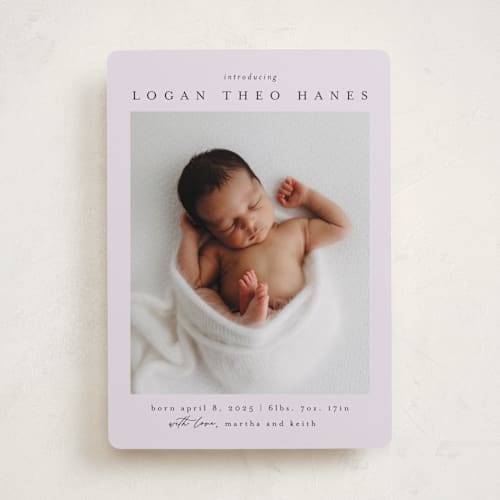 This is a lilac birth announcements with standard by Chris Griffith called frame of happiness printing on smooth signature in standard