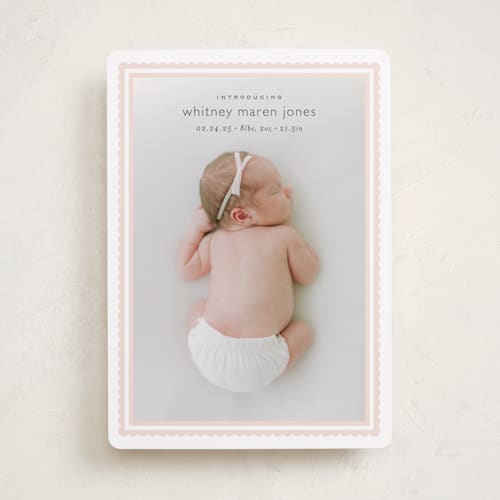 This is a baby blush birth announcements with standard by Carolyn MacLaren called scalloped border printing on smooth signature in standard