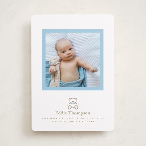 This is a baby birth announcements with standard by mo kelley called teddy printing on recycled smooth signature in standard