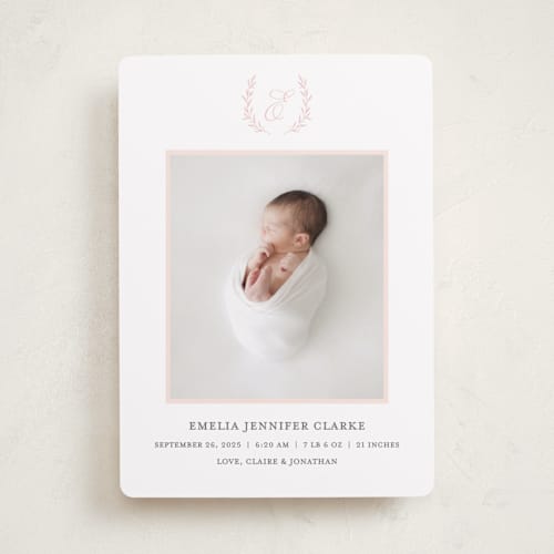This is a peony birth announcements with standard by Vanessa Doyle called monogram laurel printing on smooth signature in standard