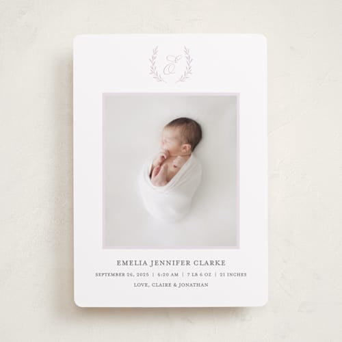 This is a plum birth announcements with standard by Vanessa Doyle called monogram laurel printing on smooth signature in standard