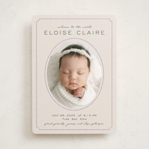 This is a lilac birth announcements with standard by Melissa Egan of Pistols called prim printing on smooth signature in standard