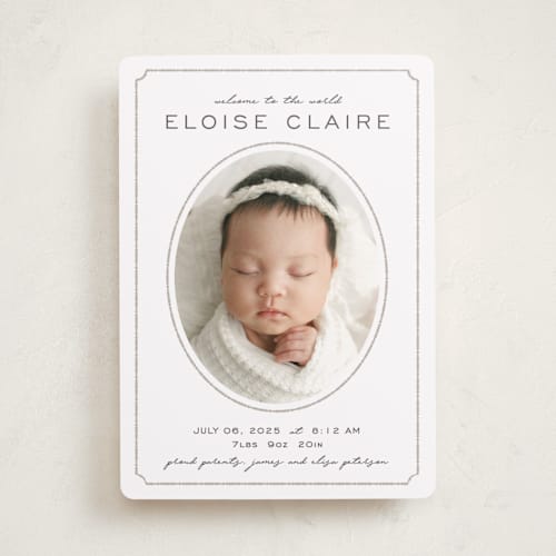 This is a mist birth announcements with standard by Melissa Egan of Pistols called prim printing on recycled smooth signature in standard