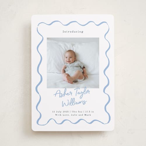 This is a dusty blue birth announcements with standard by Cass Loh called handdrawn wavy frame printing on smooth signature in standard