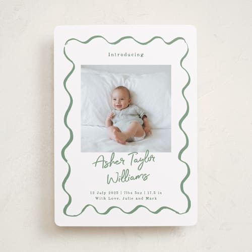 This is a sage birth announcements with standard by Cass Loh called handdrawn wavy frame printing on recycled smooth signature in standard