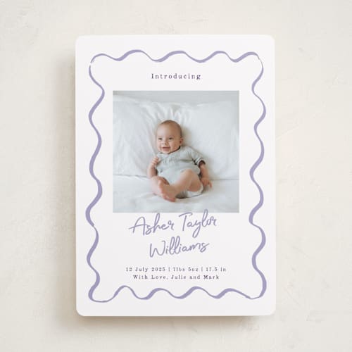 This is a lavender birth announcements with standard by Cass Loh called handdrawn wavy frame printing on smooth signature in standard