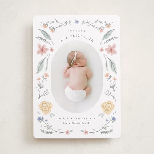 This is a meadow birth announcements with standard by Emily Sabol Goss called le jardin printing on smooth signature in standard