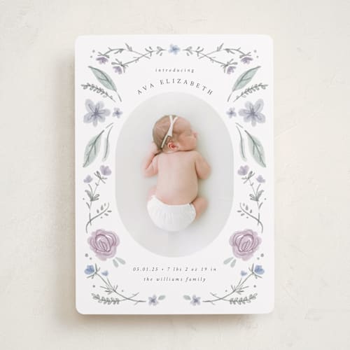 This is a lavender birth announcements with standard by Emily Sabol Goss called le jardin printing on smooth signature in standard