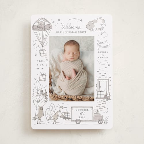 This is a slate birth announcements with standard by Morgan Ramberg called special delivery printing on smooth signature in standard