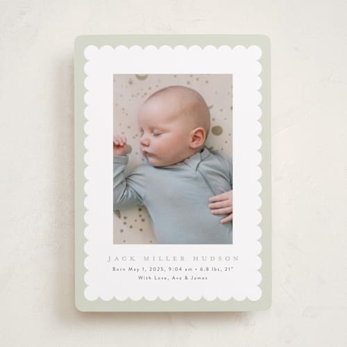 This is a moss birth announcements with standard by Nicoletta Savod called charmed printing on recycled smooth signature in standard