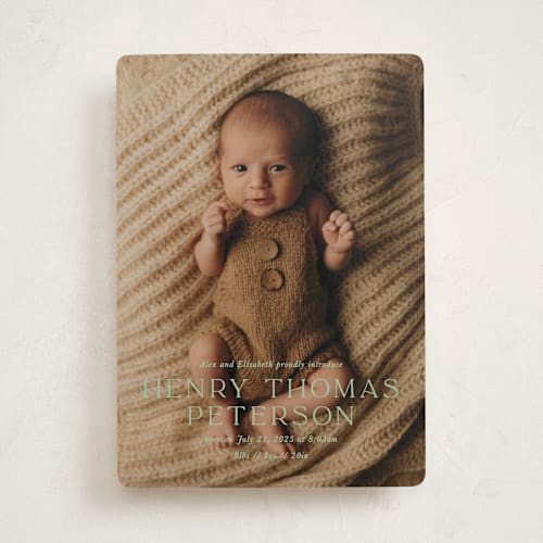 This is a mint birth announcements with standard by Melissa Egan of Pistols called refined printing on recycled smooth signature in standard