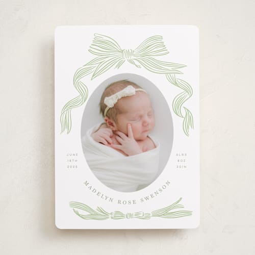 This is a mint birth announcements with standard by Stephanie Hawkes called ribbon bow frame printing on smooth signature in standard