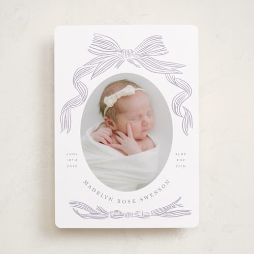This is a lilac birth announcements with standard by Stephanie Hawkes called ribbon bow frame printing on smooth signature in standard