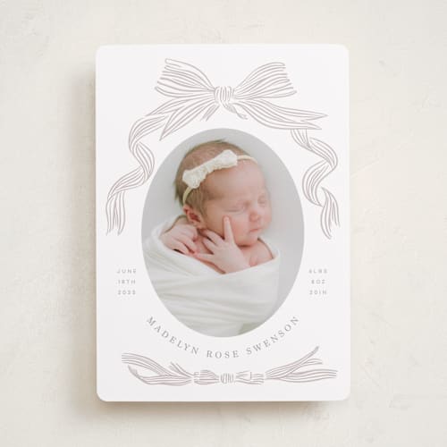 This is a stone birth announcements with standard by Stephanie Hawkes called ribbon bow frame printing on recycled smooth signature in standard