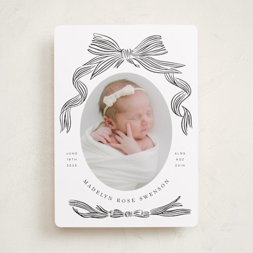 This is a coal birth announcements with standard by Stephanie Hawkes called ribbon bow frame printing on smooth signature in standard