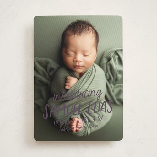 This is a plum birth announcements with standard by Lea Delaveris called all write printing on smooth signature in standard