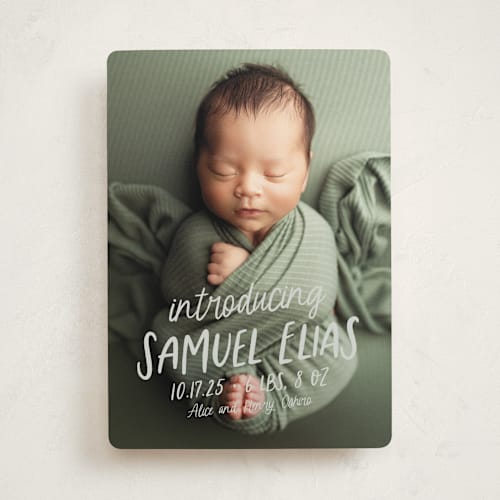 This is a sage birth announcements with standard by Lea Delaveris called all write printing on recycled smooth signature in standard