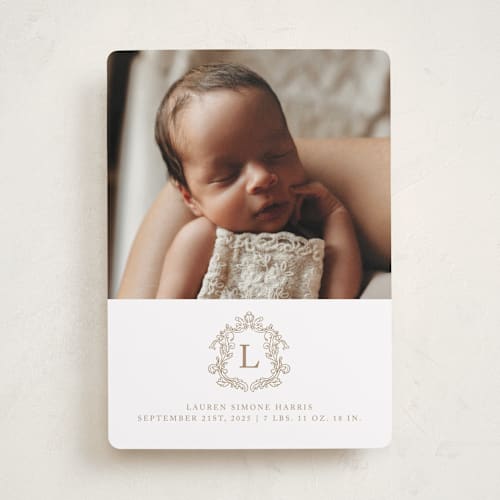 This is a fawn birth announcements with standard by mo kelley called crested printing on smooth signature in standard