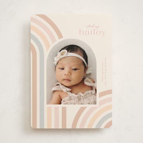 This is a taupe birth announcements with standard by Ashley Iwafuchi called mod rainbow arch printing on smooth signature in standard