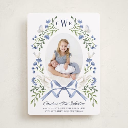 This is a bluebell birth announcements with standard by Alice Nelen called floral forest friends printing on recycled smooth signature in standard