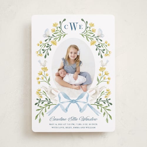 This is a daffodil birth announcements with standard by Alice Nelen called floral forest friends printing on recycled smooth signature in standard