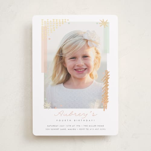 This is a glittery gold kids birthday invitations with foil pressed by Oma N. Ramkhelawan called glitter & glam printing on smooth signature in standard