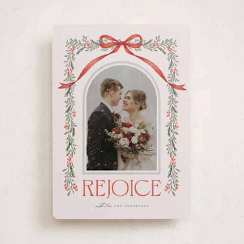 This is a crimson photo christmas cards with standard by BR Designs called joyful-bow printing on recycled smooth signature in standard