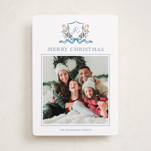 This is a blue spruce photo christmas cards with standard by Cass Loh called family crest printing on recycled smooth signature in standard