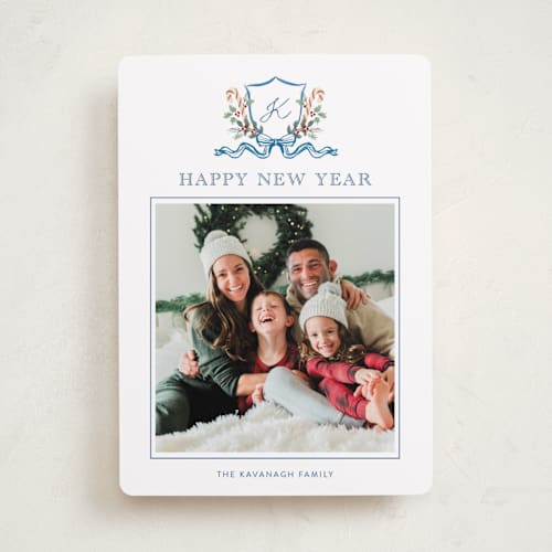 This is a blue spruce photo christmas cards with standard by Cass Loh called family crest printing on recycled smooth signature in standard