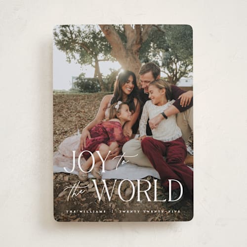 This is a snow photo christmas cards with standard by Pixel and Hank called all joy to the world printing on recycled smooth signature in standard