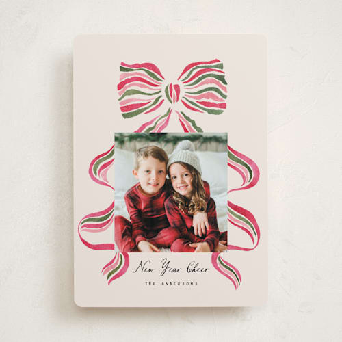This is a poinsettia photo christmas cards with standard by Vivian Yiwing called stripes bow printing on recycled smooth signature in standard