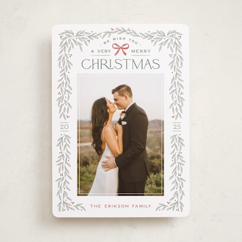 This is a sage photo christmas cards with standard by Hooray Creative called christmas garland printing on recycled smooth signature in standard