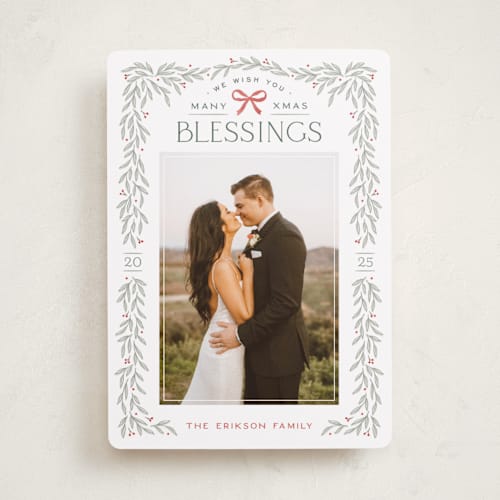 This is a sage photo christmas cards with standard by Hooray Creative called christmas garland printing on recycled smooth signature in standard