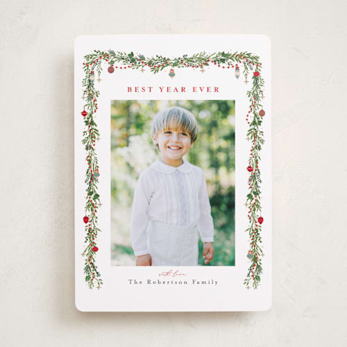 This is a holly berry photo christmas cards with standard by Susan Moyal called pine garland printing on recycled smooth signature in standard