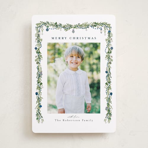 This is a winterberry photo christmas cards with standard by Susan Moyal called pine garland printing on recycled smooth signature in standard