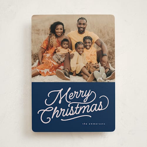 This is a navy photo christmas cards with standard by BR Designs called retro vintage holiday printing on recycled smooth signature in standard