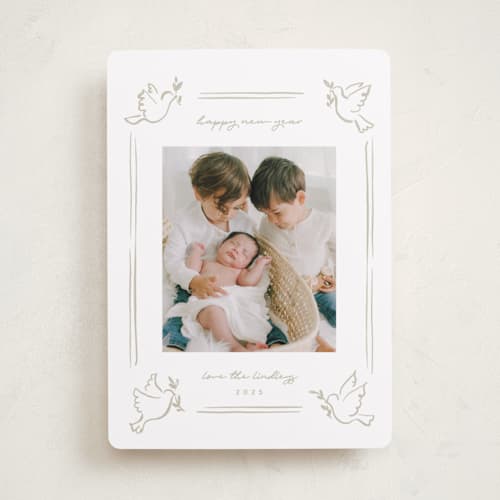 This is a snow photo christmas cards with standard by Rebecca Durflinger called whimsy doves printing on recycled smooth signature in standard