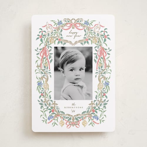 This is a cherry wood photo christmas cards with standard by Grae called a court of peace printing on recycled smooth signature in standard