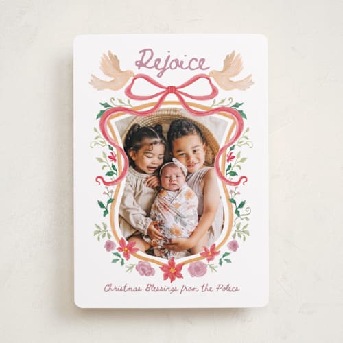 This is a poinsettia photo christmas cards with standard by Kim Thoa called rejoice christmas crest printing on recycled smooth signature in standard