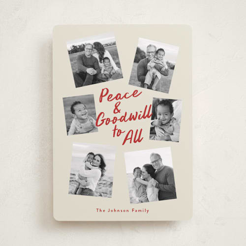 This is a berry photo christmas cards with standard by Louise Kay called peace and goodwill printing on recycled smooth signature in standard