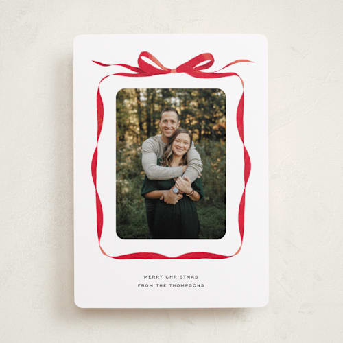 This is a crimson photo christmas cards with standard by Olivia Kanaley Inman called bow printing on recycled smooth signature in standard