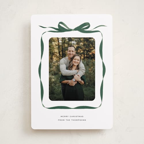 This is a evergreen photo christmas cards with standard by Olivia Kanaley Inman called bow printing on recycled smooth signature in standard