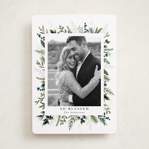This is a winter berry photo christmas cards with standard by Susan Moyal called classic greenery printing on recycled smooth signature in standard
